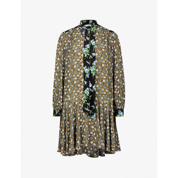 Sandro Tie-Neck Long Sleeve Unite Dress - 2 - Green Black Floral Print - Picture 1 of 4